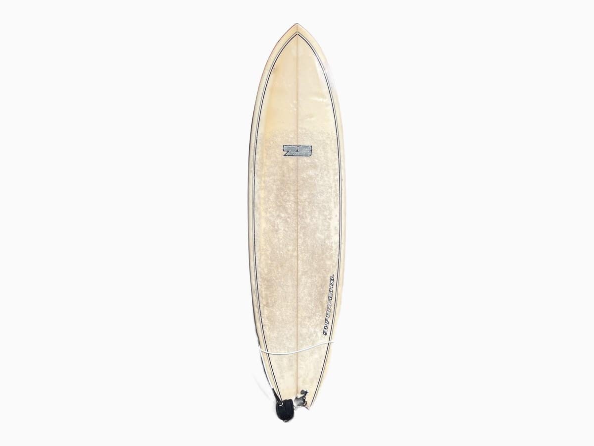 Our 6'8 7S Superfish XL, cream deck with a dark pinline and a swallow tail