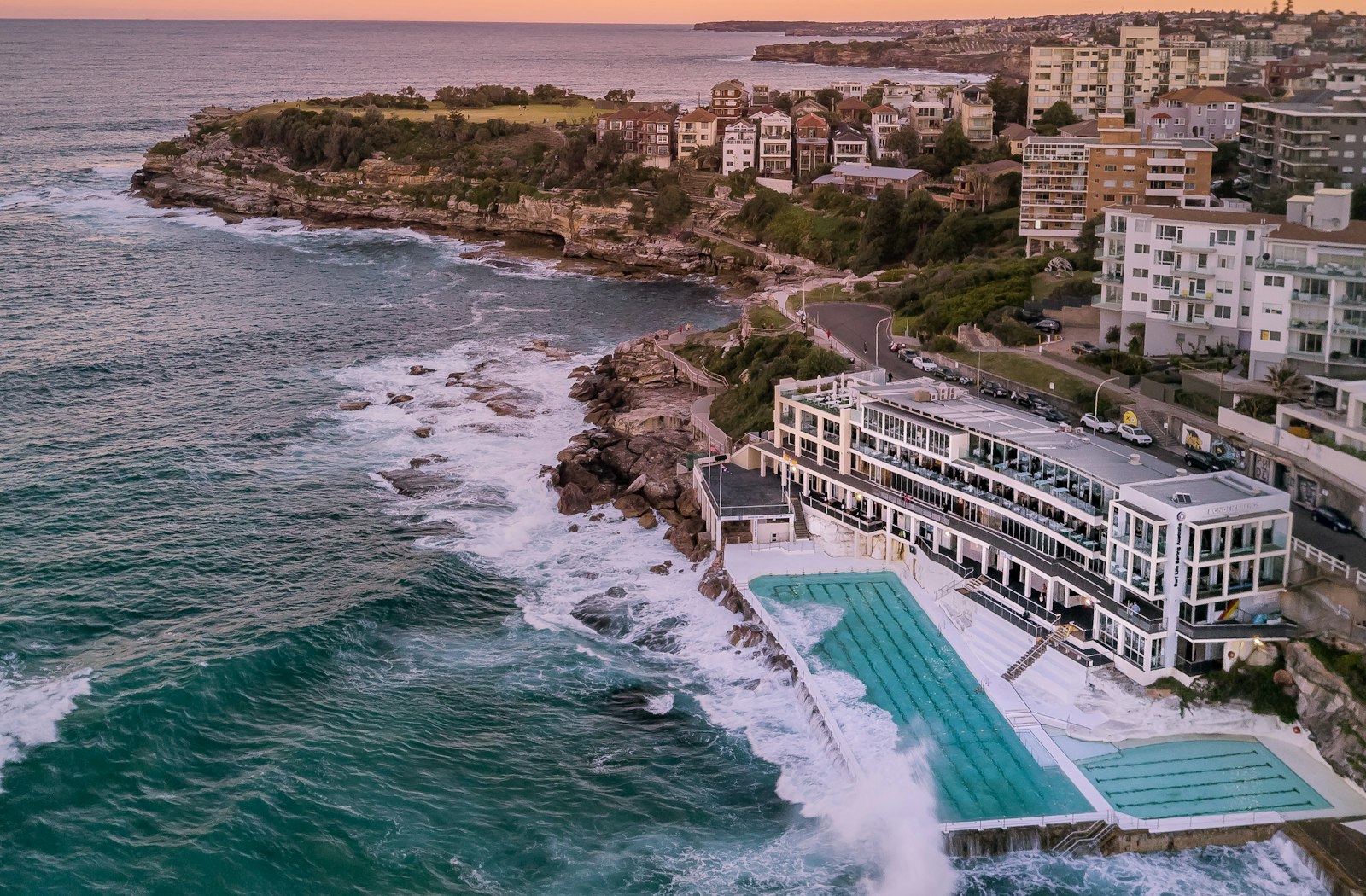 Aerial of Bondi's ocean pool and coastline