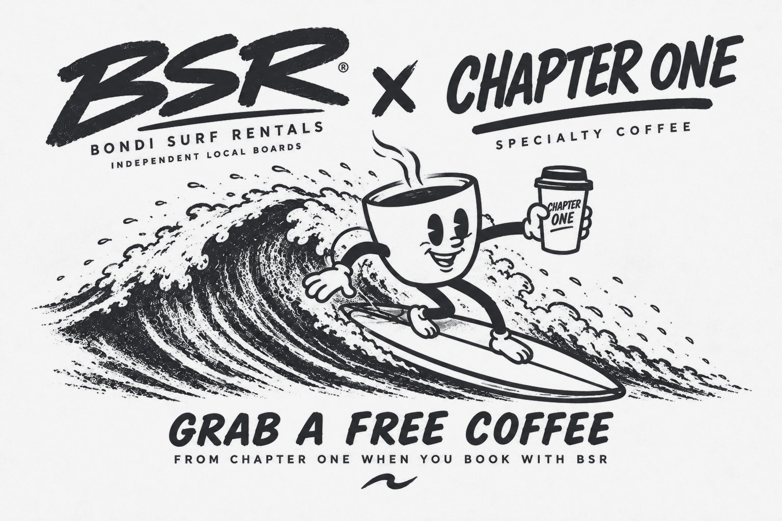 BSR × Chapter One: a cartoon coffee cup surfing a wave, holding a Chapter One cup. Grab a free coffee from Chapter One when you book with BSR.